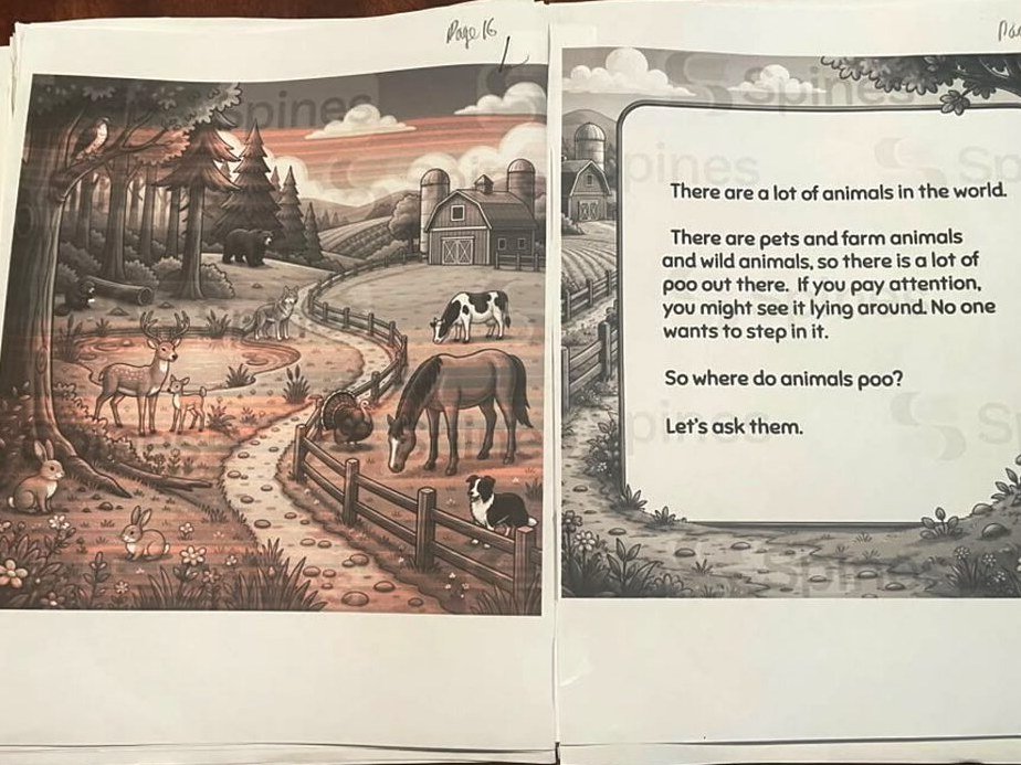 Spread from POO POOPIE DOO!: pets, farm animals and wild animals together on one page for the chapter on animal droppings