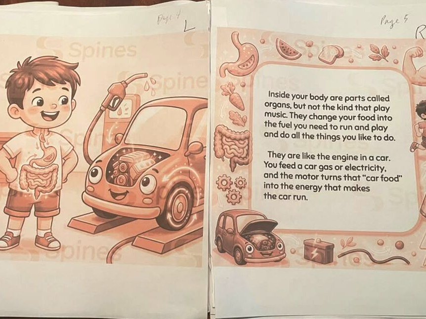 Spread from POO POOPIE DOO!: a boy at a gas pump beside a cutaway car engine, explaining digestion as fuel going in and exhaust coming out