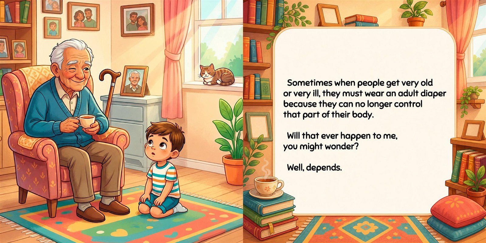 Finished spread from POO POOPIE DOO!: a boy sitting with his grandfather