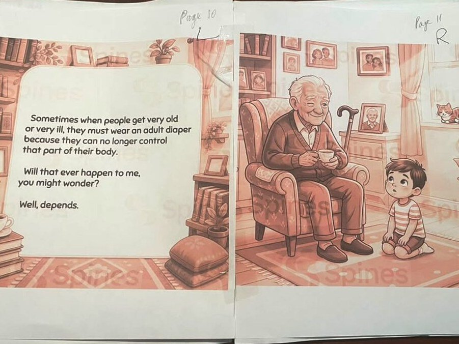 Spread from POO POOPIE DOO!: a boy sitting with his grandfather, who is answering the question he just asked