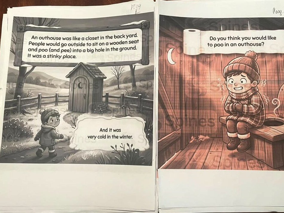 Spread from POO POOPIE DOO!: a wooden outhouse in a snowy yard, illustrating where people went before indoor plumbing