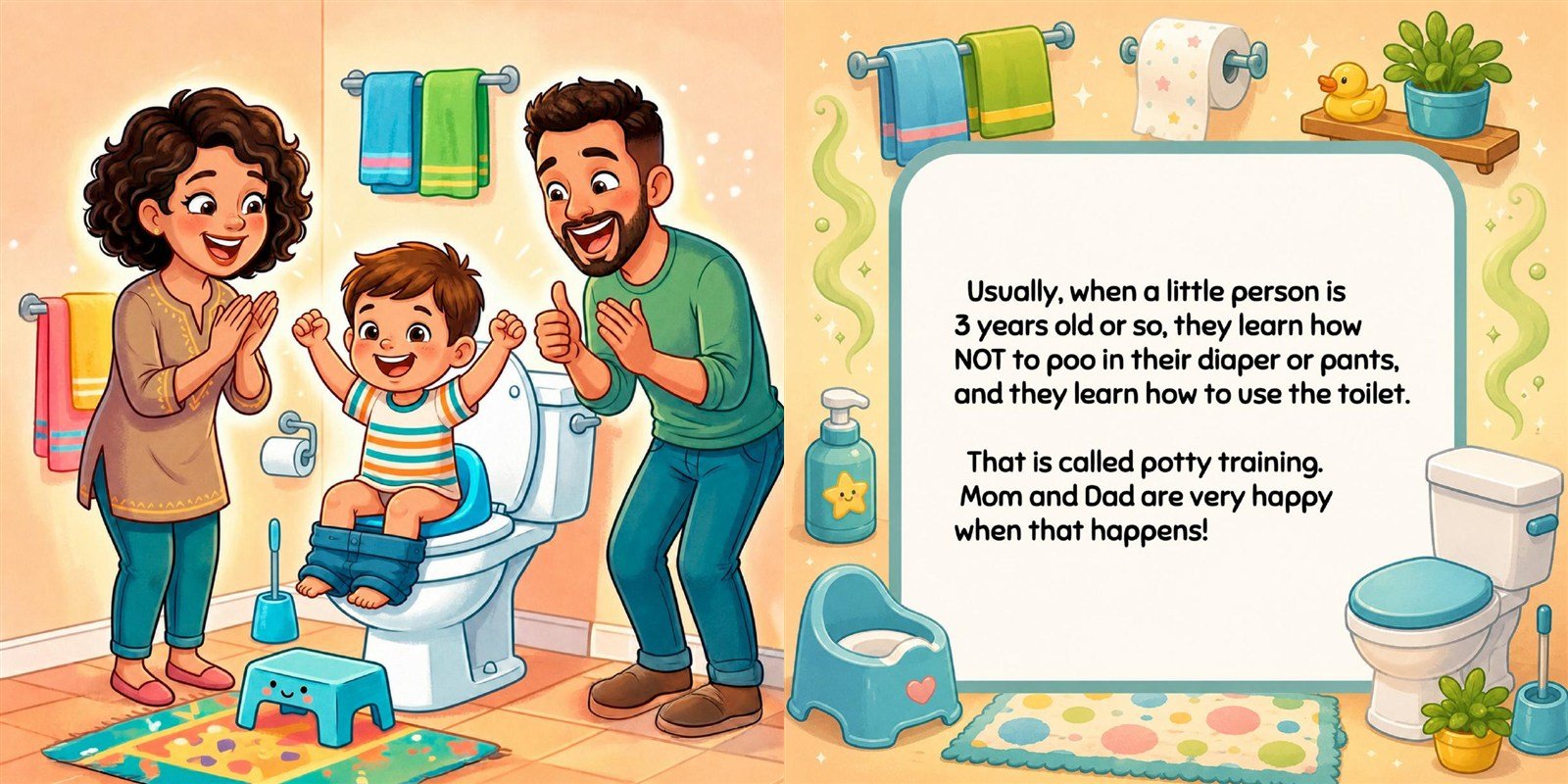Finished spread from POO POOPIE DOO!: a toddler on a toilet with delighted parents