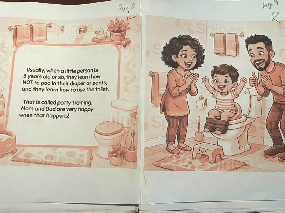 Spread from POO POOPIE DOO!: a toddler on a potty with delighted parents, from the chapter on potty training
